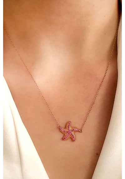 Pembe Zirkon Taşlı Deniz Yıldızı Figürlü Gümüş Rose Kolye