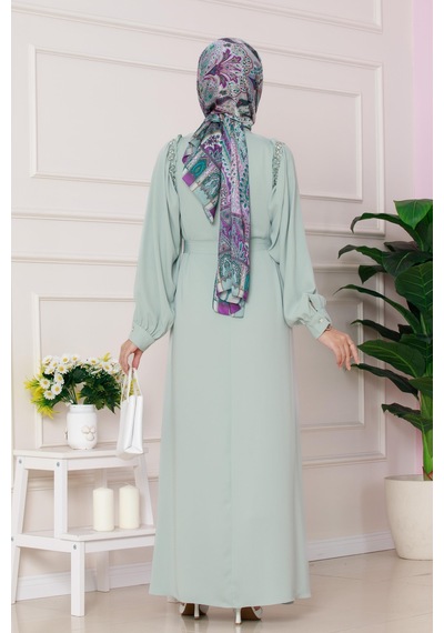 Sevitli Omuzu Taş Detaylı Rose Elbise-mint Yeşili-4775 Mint Yeşili