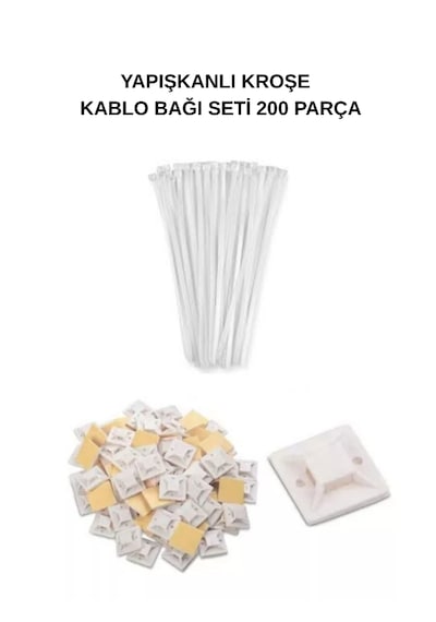 Yapışkanlı Kroşe Ve Kablo Bağı Seti 200 Adet 19x19 Kroşe + 10cm Beyaz Kablo Bağı Kablo Sabitleme Aparatı 10cm - 200'lü