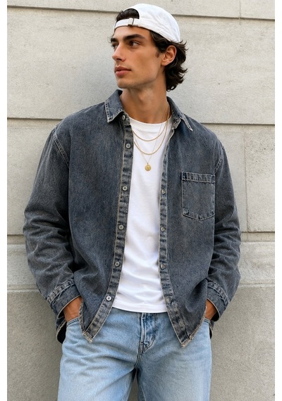 Cool Tarz Erkek Regular Denim Gömlek Yıkamalı Kot Uzun Kollu Cepli Jean Gömlek Yeşil Yeşil