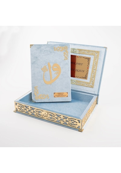 Raşel Kutulu Hediyelik Kuran-ı Kerim Orta Boy, Bebe Mavi, Elif-vav Gold Pleksi