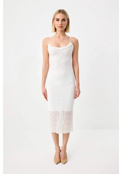 Benerly Kadın Dantel Bodycon Midi Elbise İnce Askılı Kare Yaka Astarlı Ko Beyaz