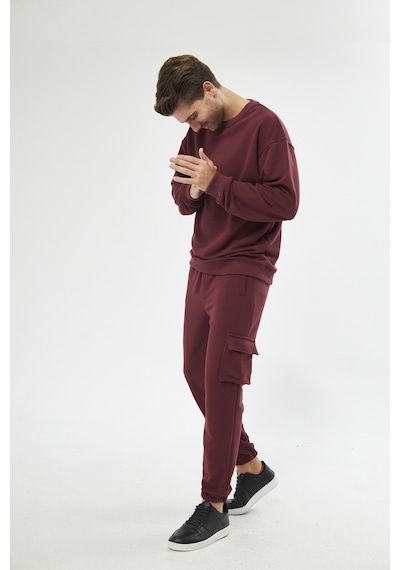 Unisex Bordo 3 Iplik Jogger Rahat Kalıp Kargo Cepli Eşofman Altı Bordo