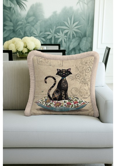 Vintage Patchwork Kedi Saçaklı Yastık Kılıfı - Samimi Country Bej Çiçekli Püsküllü Kırlent Kılıfı Metalik Kumlu Bej Vintage Patchwork Kedi Saçaklı Yastık Kılıfı - Samimi Country Bej Çiçekli Püsküllü Kırlent Kılıfı Metalik Kumlu Bej