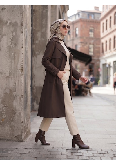 B.he.z Kruvaze Yaka Bondik Su İtici Kumaş Astarlı Trend Model Diz Altı Trençkot Kahverengi