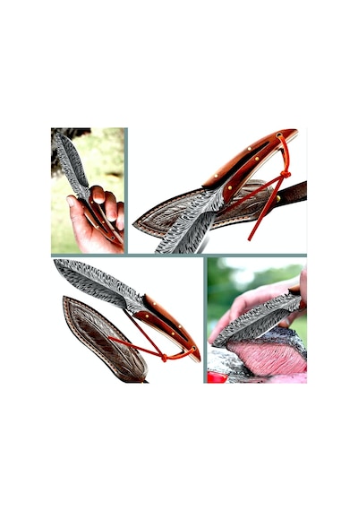 Omeniv Damaskus Efekt Aykırı Çakı Bıçak Deri Kılıf Outdoor Kamp Kahverengi