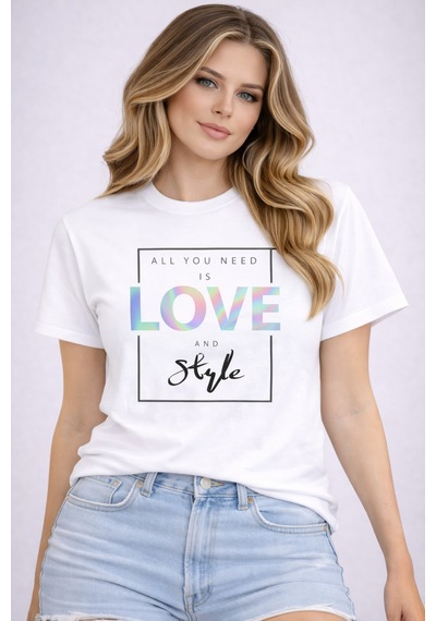 Herkesemoda All You Need Love Baskı Detaylı Basic T-shirt Beyaz