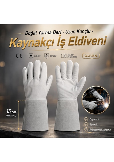 Tr 1 Çift Kaynakçı Eldiveni Xl 10 Beden Isıya Dayanıklı Yarma Deri Uzun Konçlu İş Eldiveni Diğer