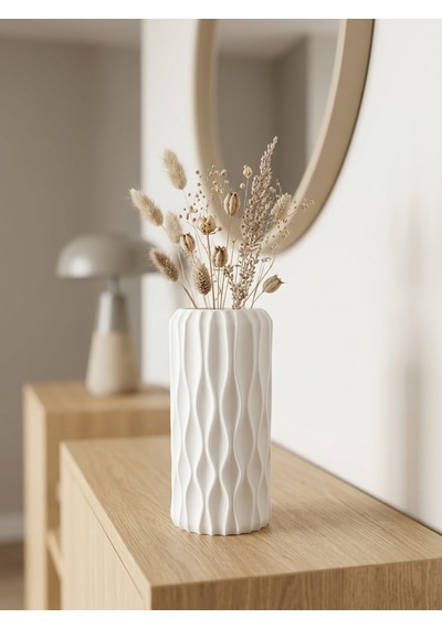 Kaveld Nysa Dekoratif Vazo El Yapımı Modern Minimalist Silindirik Vazo Mermer Tozu Ve Çimento Kompozit Ev Dekoru Beyaz