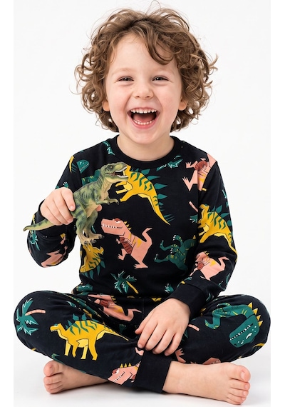 Zuzunga Dinozor Desenli Siyah Uzun Kollu Erkek Çocuk Pijama Takımı
