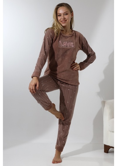 Wordex Fawn 5019 Peluş Welsoft Polar Kışlık Yumoş Kadın Pijama Takımı Love Vizon