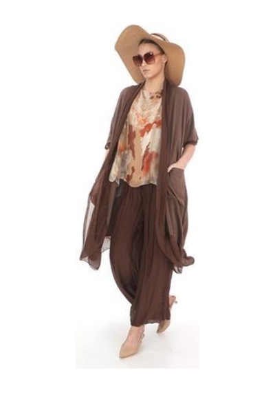 Itayan Ipek Detaylı Oversize Kaftan- Pantolon Takım Açık Kahve Kahverengi