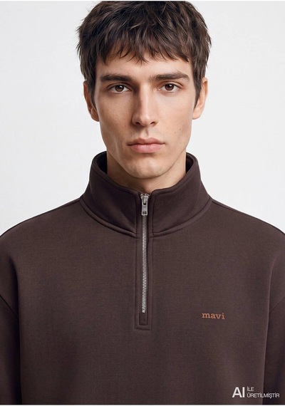 Mavi Logo Yarım Fermuarlı Sweatshırt Aft Kahverengi