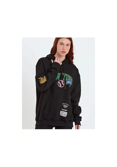 Baskılı Kapüşonlu Sweatshirt - Siyah Siyah
