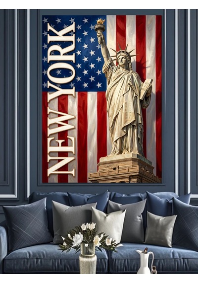 New York Özgürlük Anıtı Ve Bayrak Dekoratif Kanvas - Mdf Ahşap Tablo