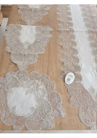 Salon Takımı Angel Çeyizlik Kreme Gold Runner Set 5 Parça Keten Ranır Masa Sehpa Konsol Örtüsü Çok Renkli