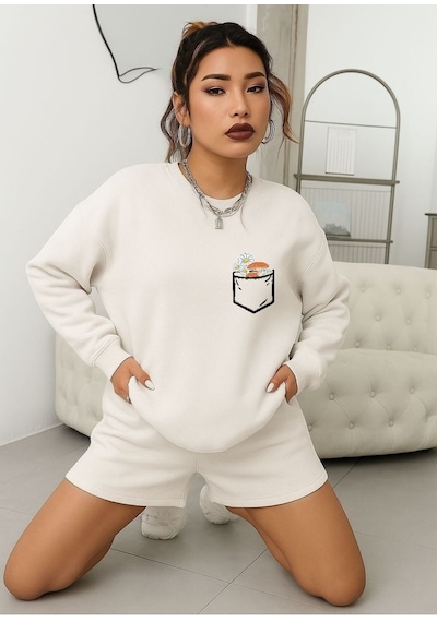 Benroma 3 İplik Penye Papatya Baskılı Unisex Sweatshırt Beyaz