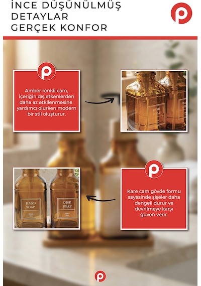 Pazarika 2 Li Amber Cam Sıvı Sabunluk Seti - Bambu Standlı & Tepsili Mutfak Banyo Seti Açık Kahverengi
