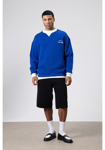 Vamos Oversize Bisiklet Yaka Baskılı Sweatshirt V70-91 Saks Mavi