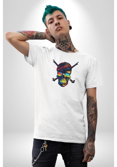 Korsan Kurukafa Unisex Unisex Beyaz Organik Baskılı T-shirt Penye Yüksek Kalite Beyaz