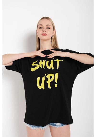 Startmore Kadın Shut Up Beyaz Baskılı Oversize Tshırt Siyah