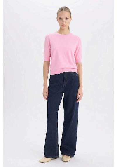 DeFacto Regular Fit Bisiklet Yaka Basic Düz Kısa Kollu Triko Kazak D6272AX25SMPN82 Pembe