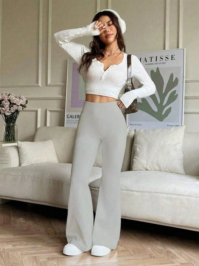 Tua Moda Kadın Yüksek Bel Ispanyol Paçalı Pantolon Tayt Gri