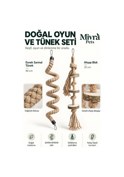 Mivra Pets 2'li Kuş Oyuncak Seti 90 Cm Esnek Tünek + Kemirme