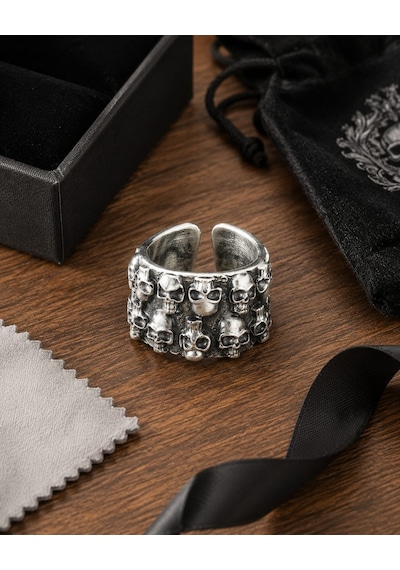 Gotik Kurukafa Kabartmalı Antik Gümüş Renk Ayarlanabilir Kadın Yüzüğü Gümüş - Gri