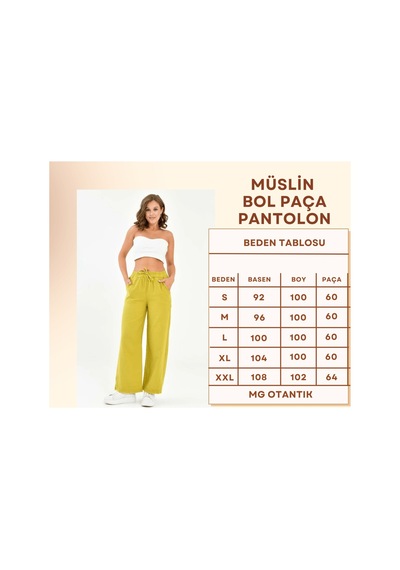 Mg Otantik Kadın %100 Pamuk Yazlık Müslin Salaş Bol Paça Pantolon Mg001 Yağ Yeşili