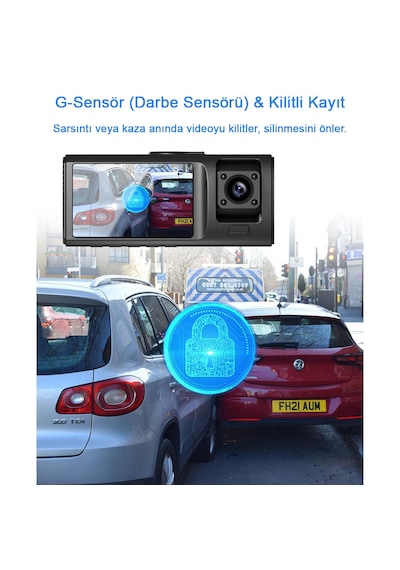Cr50 3 Kameralı Araç İçi Kamera Seti 2.0 İnç Ips Ekran, Full Hd 1080p Ön / Kabin / Arka Kamera, Park Modu, G-sensör & Gece Görüş Destekli Dash Cam