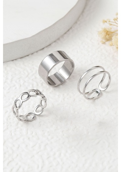 Chavin 3 Lü Eklem Yüzüğü Bayan Silver Yüzük Ev27by Gri