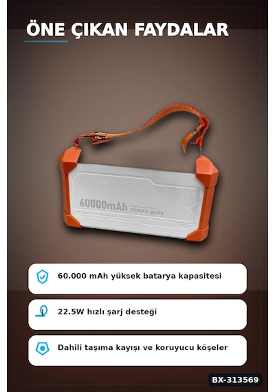 Bay Entegre Kablolu 60000mah 22.5w Hızlı Şarj Powerbank - Çoklu Usb-c Çıkışlı Güç Bankası Bx-313569 Najmaddi Standart