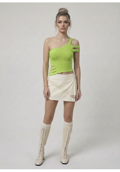 Neden Tekstil Asimetrik Tek Omuz Triko Crop Bluz - Yeşil