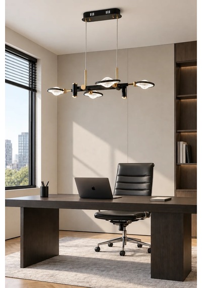 Modern Premıum Siyah Gold Ledli Avize 4 Kollu Sarkıt Salon Odası Yemek Masası Üstü Avizesi 30w