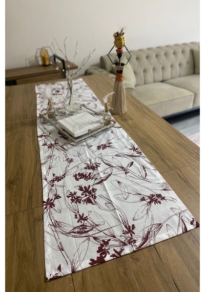 40x150 Bordo Çiçekli İnce Keten Dekoratif Runner
