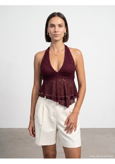 Dilvin 21228 Dantel Halter Yaka Top-bordo