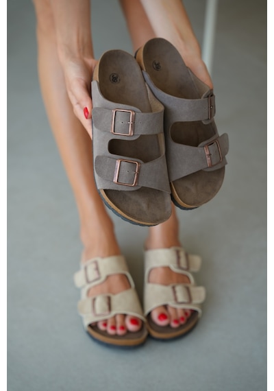 Selin Shoes Noir Çift Ayarlanabilir Tokalı Kadın Terlik- Vizon