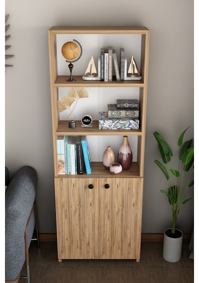 Kapaklı Çok Amaçlı Salon Dolabı 150x50x22 Cm Raflı Kitaplık Dekoratif Depolama Ünitesi Atlantik Çam