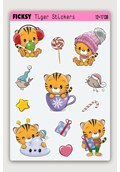Sevimli Kaplan Yılbaşı Yeni Yıl Temalı Sticker Seti - 12 Adet Etiket Çıkartma Diğer
