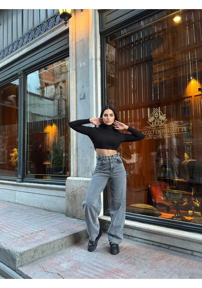 Kene Jeans Füme Yan Tokali Geniş Kesim Baggy Bol Paça Kot Jeans Pantolon Füme