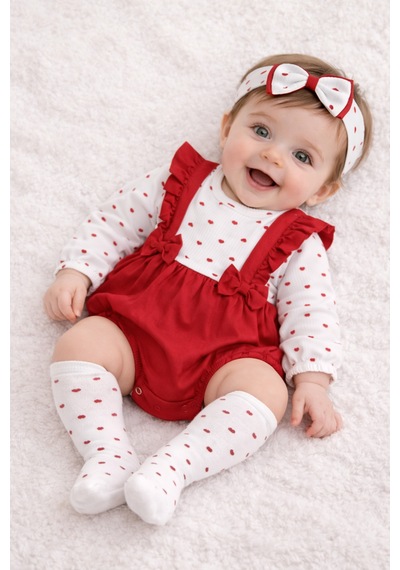Milays Kız Bebek Bandanalı Çoraplı %100 Pamuk 3 Lü Takım Kırmızı