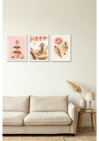 Tatlı Kafe 3'lü Çerçeve Görünümlü 30x40 Cm Mdf Tablo Seti Salon Duvar Dekoru