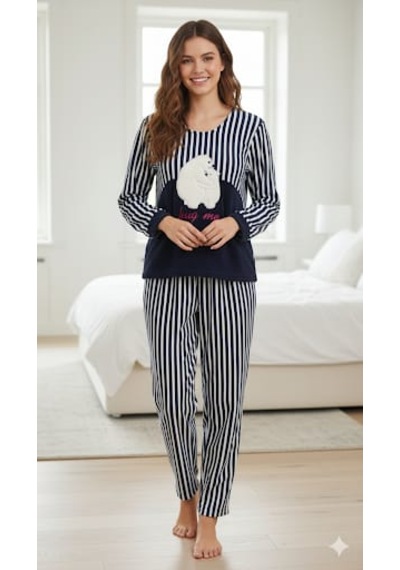 Senfoni Kadın Pijama Takımı Beyaz - Lacivert