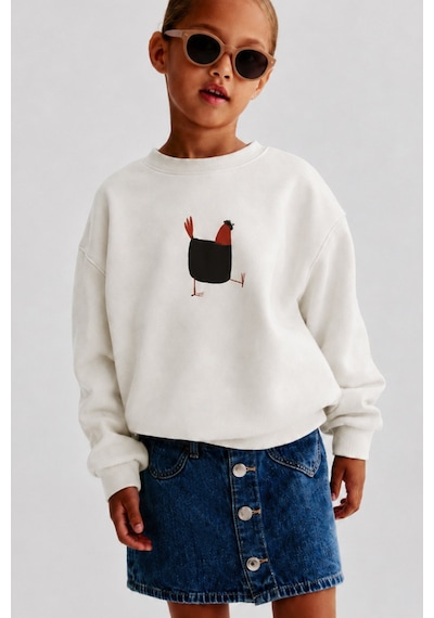 Monila Unisex Çocuk 3 İplik Kumaş Pamuklu Tavuk Baskılı Sweatshirt Ekru