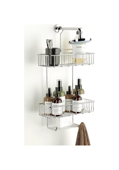 Duş Borusuna Asılabilir Kancalı İki Katlı Banyo Raf Krom Bk-0068 Gümüş