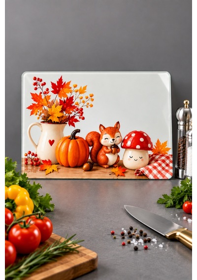 Gökçeoğlu Cam Kesme Tahtası Sonbahar Temalı - Cam Kesme Tablası 20cm X 30cm Çok Renkli
