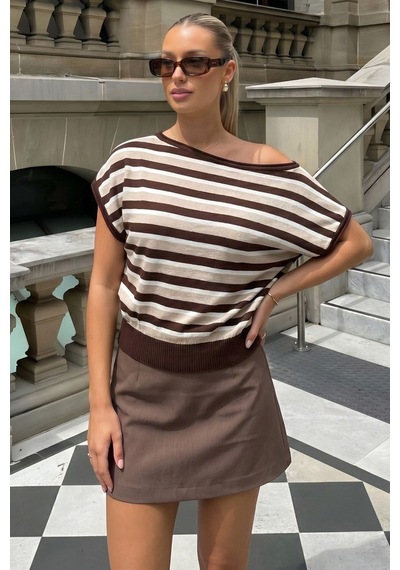 Madmext Çizgili Kahve Düşük Omuz Triko Bluz Mg2796