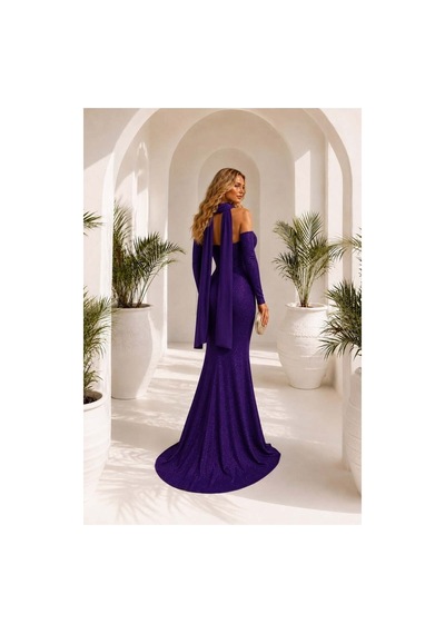 Lior Design Kadın Modern Tasarım Simli Kumaş Asimetrik Yaka Dekolteli Maxi Abiye Elbise Mor