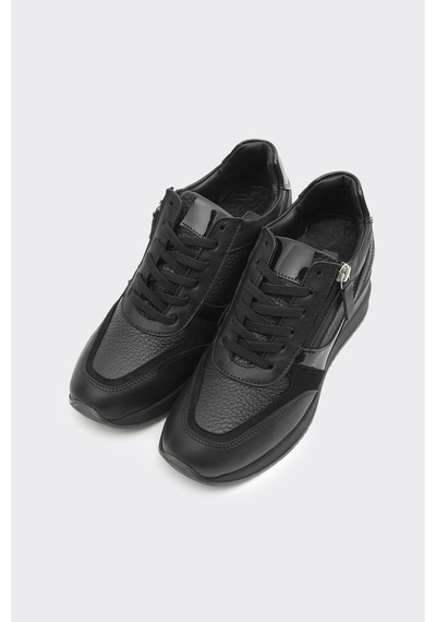 Derinet Yüksek Taban Hakiki Deri Kadın Sneaker Siyah Siyah